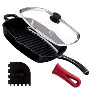 Cusinel Cast Iron Square Grill Pan with Glass Lid